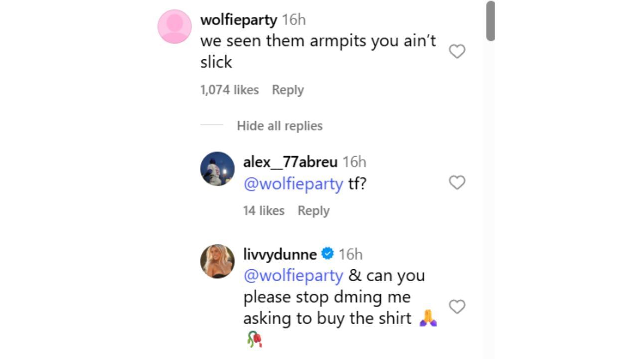 Screenshot of Olivia Dunne&#039;s comment on Instagram (Instagram.com/@livvydunne)