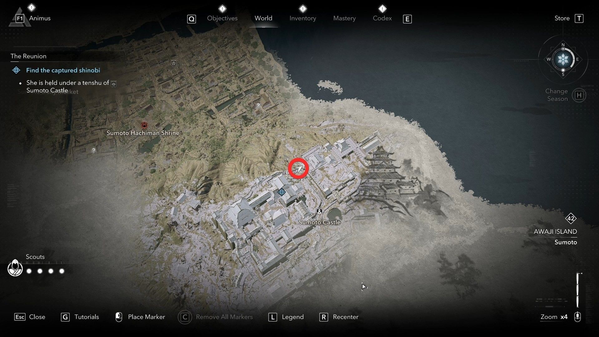 Use the grappling hook to enter the Sumoto Castle from the north side (Image via Ubisoft)