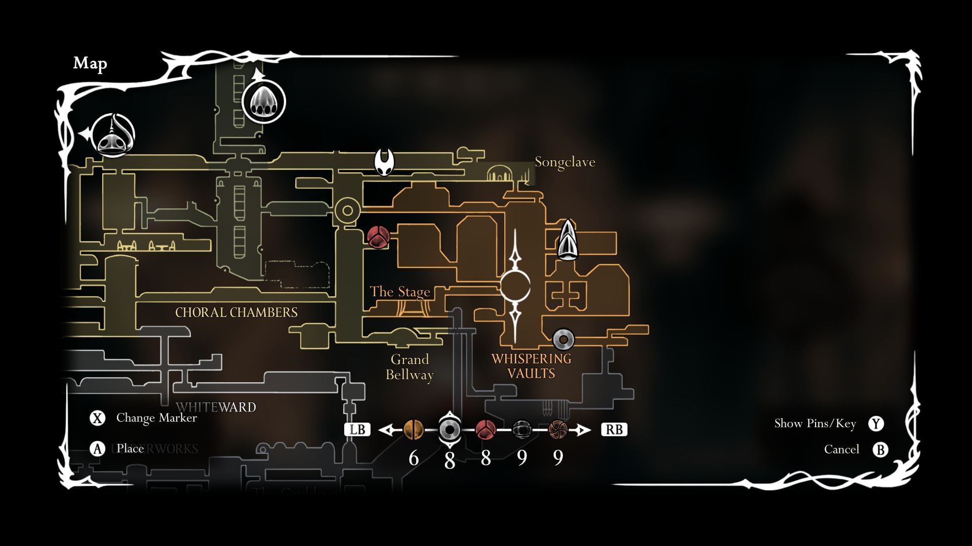 Red marker denotes Pale Oil, Silver Marker denotes Vaultkeeper&#039;s Melody (Image via SK Gaming || Team Cherry)