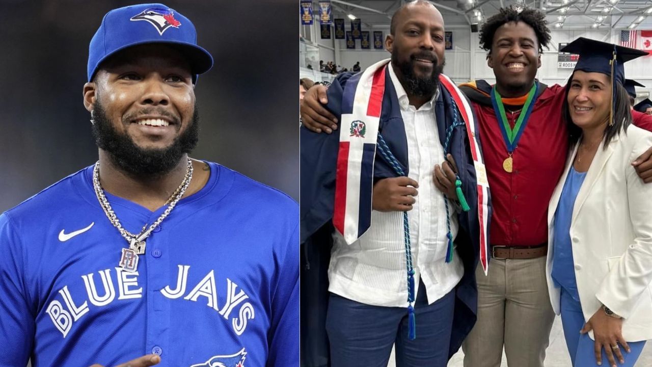 Vladimir Guerrero Jr. (L), Miqueas Guerrero celebrating his graduation (R) (Images from - Getty, Instagram.com/@miqueasguerrero)