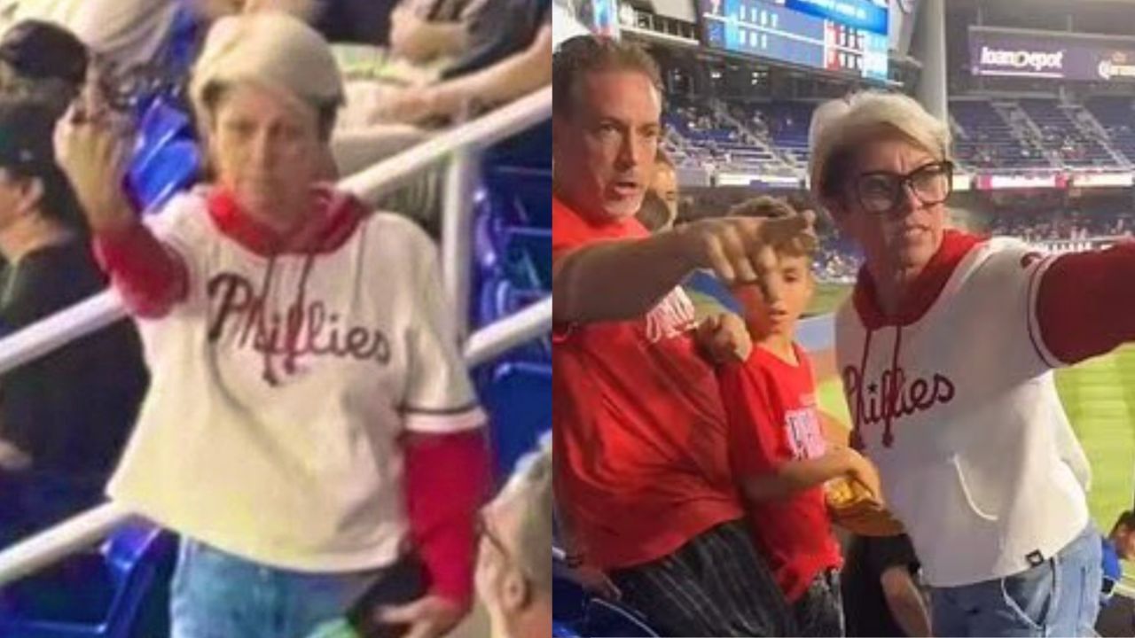 Images of the woman referred to as &quot;Phillies Karen&quot; (Images from - X.com/@JamesMNHarris, X.com/@gotrice2024)