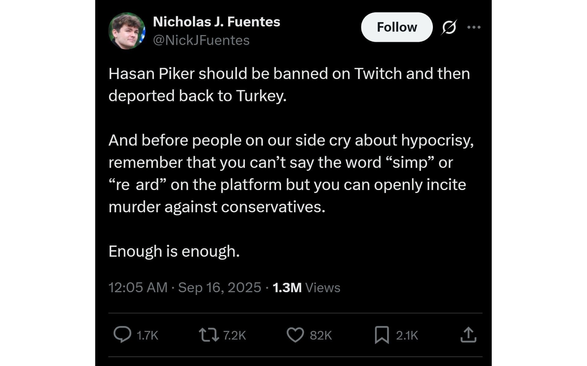 Nick Fuentes&#039; X post in which he called for HasanAbi&#039;s ban from Twitch (Image via x.com/NickJFuentes)