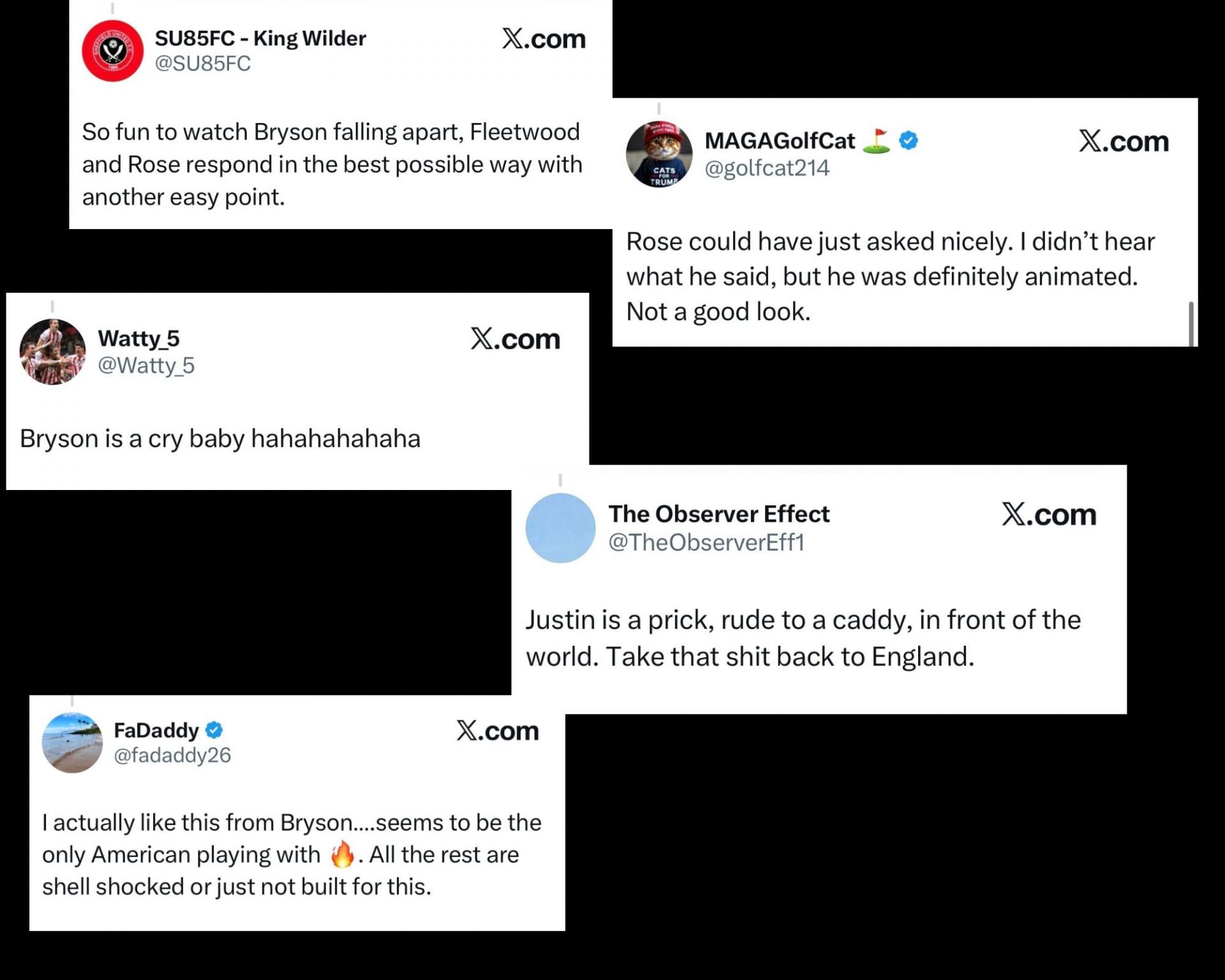 Fans react to altercation between players at the Ryder Cup _ [Images via X [@TheObserverEff1 @Watty_5 @fadaddy26 @SU85FC @golfcat214]