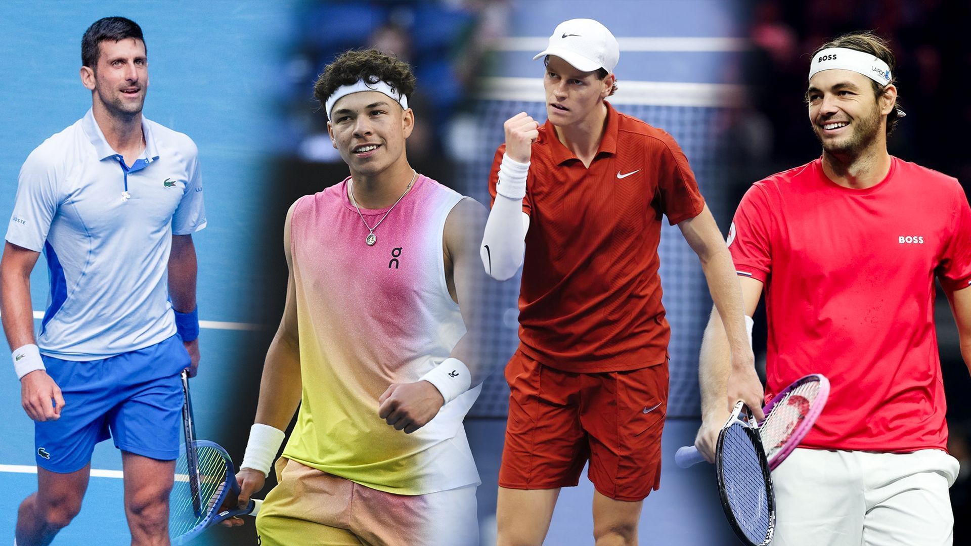 From L-R: Noak Djokovic, Ben Shelton, Jannik Sinner and Taylor Fritz. (Photos: Getty)