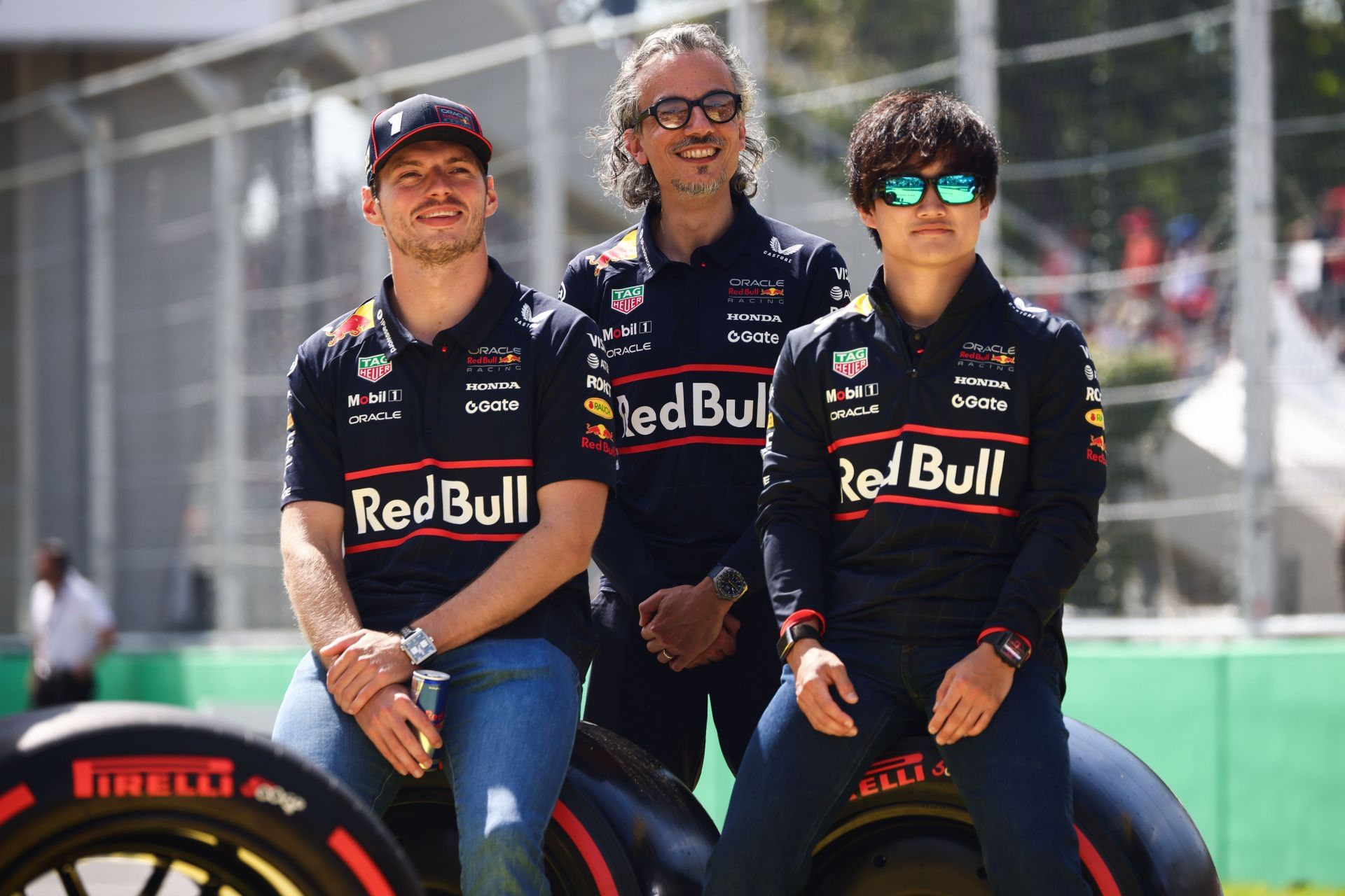 Laurent Mekies with Max Verstappen and Yuki Tsunoda during the Italian GP weekend - Source: Getty