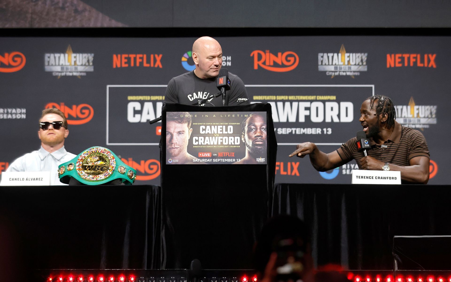 A picture of Canelo Alvarez (left), Dana White (middle) and Terence Crawford (right) during a press conference at the T-Mobile Arena on June. [Image courtesy: Getty Images]