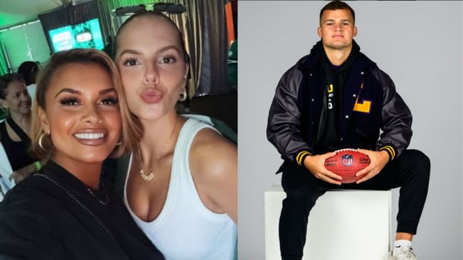 Joy Taylor and Mason Taylor's GF Sage Wagner pose together in casual black & white outfits cheering for Jets TE's NFL debut vs. Steelers