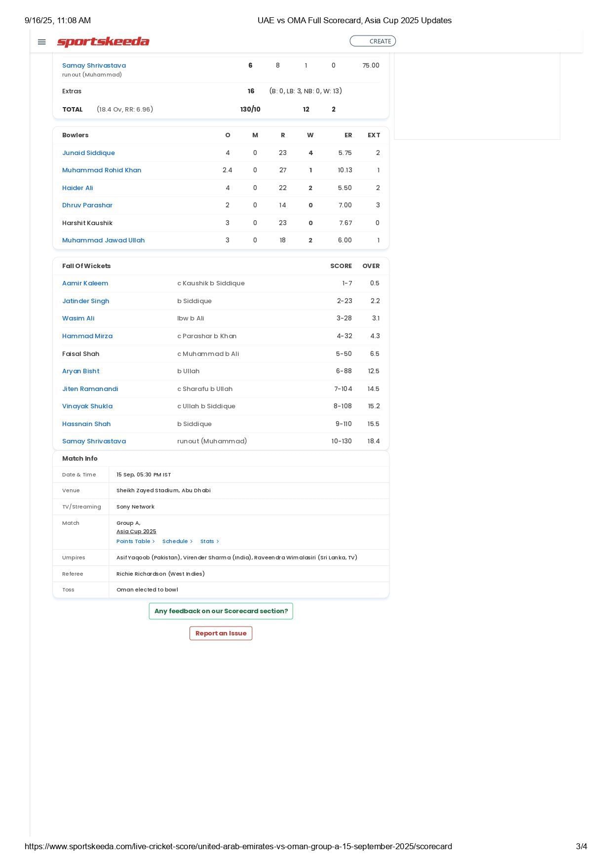 UAE vs OMAN scorecard.