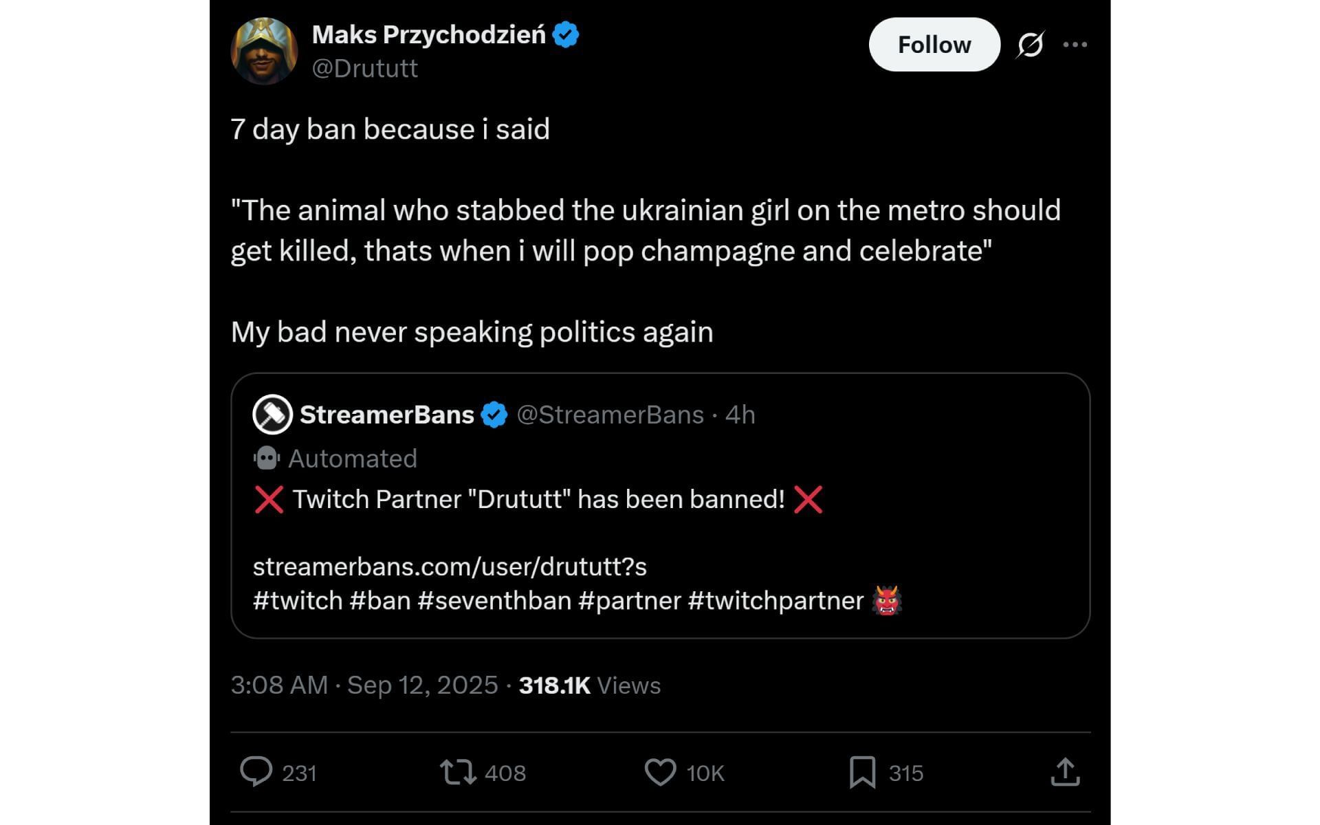 The streamer&#039;s X post in which he disclosed why his Twitch account got banned for the seventh time (Image via x.com/Drututt)