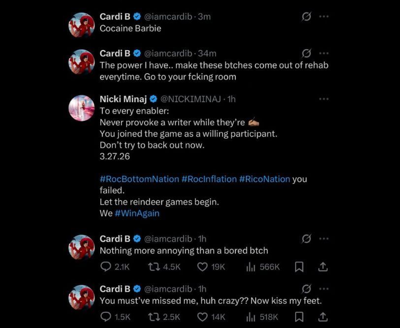 Cardi and Nicki&#039;s exchange on X (Image via X/@iamcardib, @NICKIMINAJ)