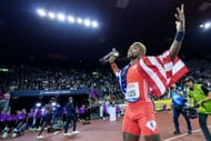 Noah lyles celebrates in Weltklasse Zürich, Wanda Diamond League Final. - Source: Getty