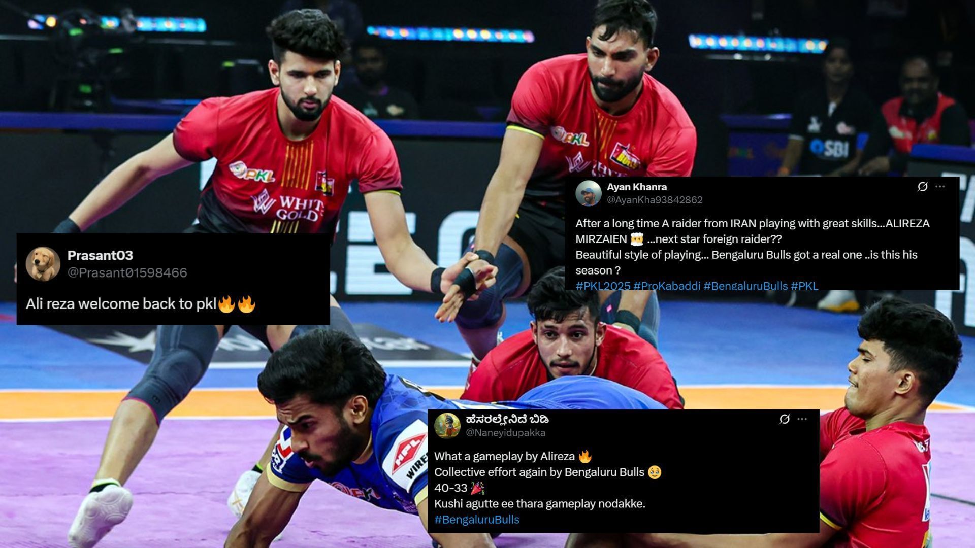Bengaluru Bulls in action against Haryana Steelers in PKL 12 (Image Credits: ProKabaddi/X &amp; @Naneyidupakka,@AyanKha93842862, @Prasant01598466/X)