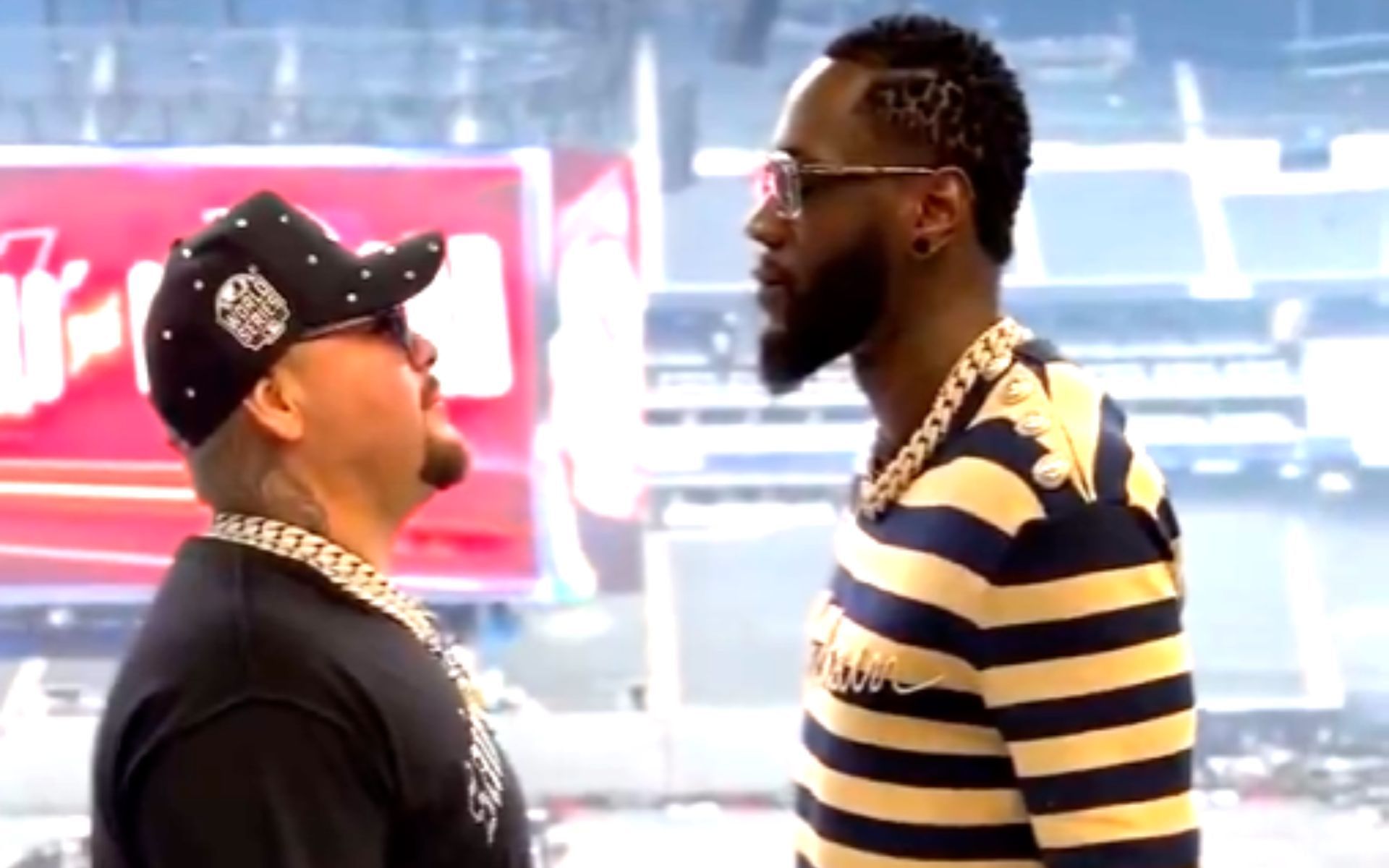 Andy Ruiz Jr. (left) and Deontay Wilder (right) face off. [Screenshot courtesy: @Sourceofboxing on X]