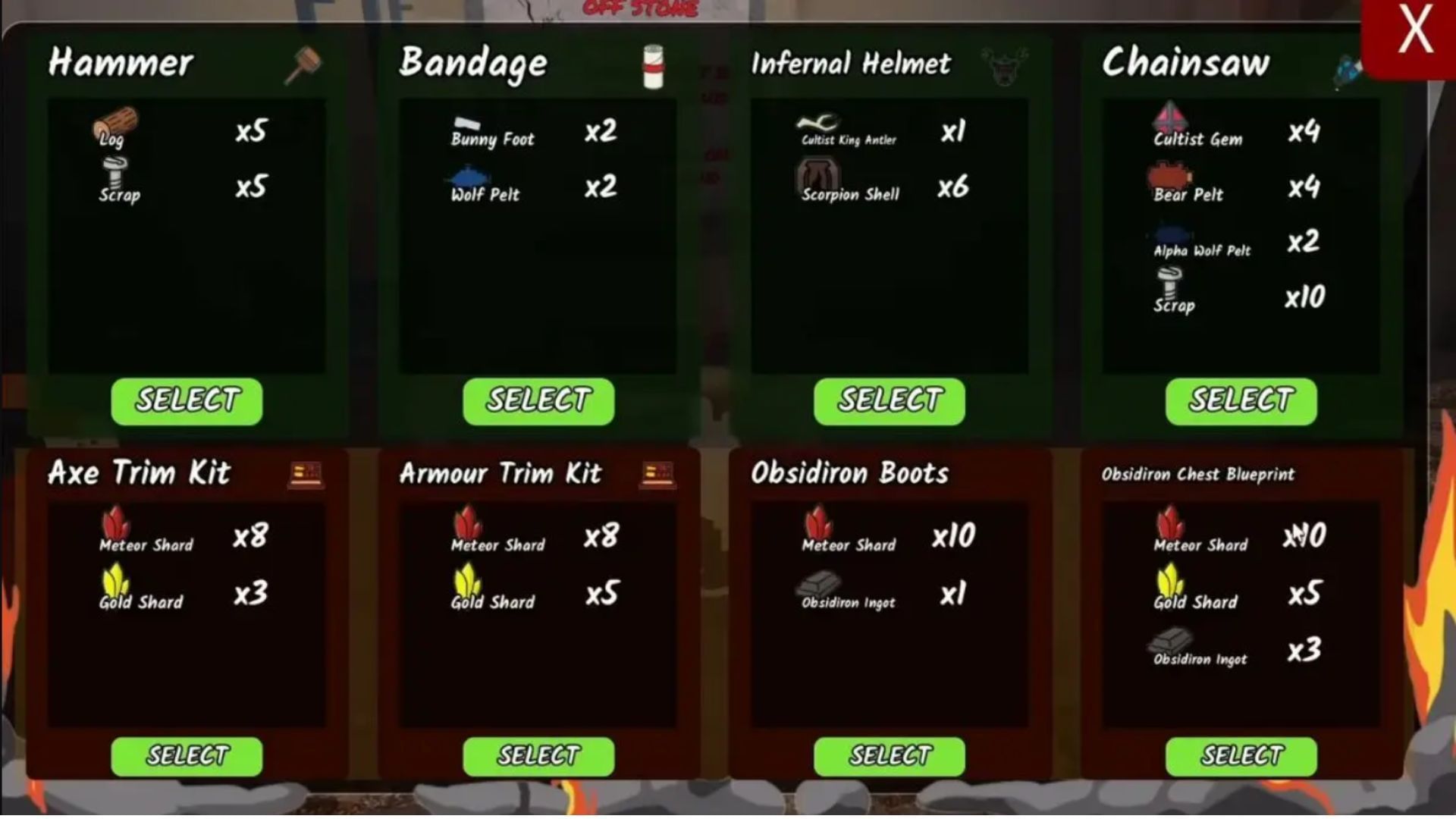 The complete list of crafting recipes (Image via Roblox)