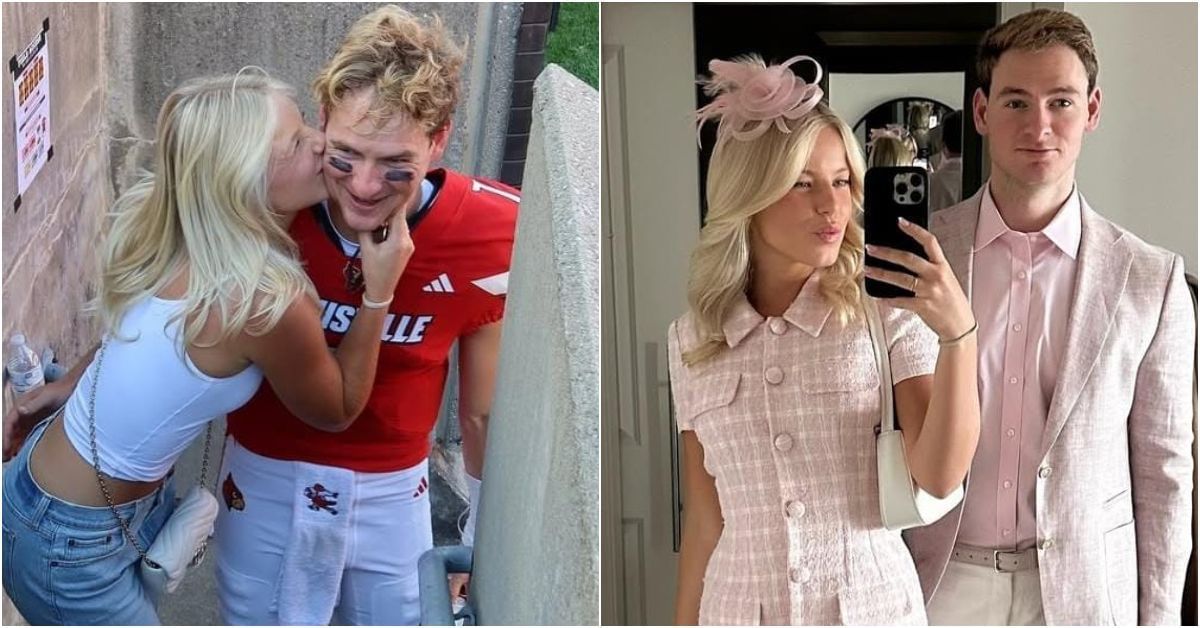 Louisville QB Miller Moss celebrates post-game moment with GF Sofia after big win vs. Eastern&nbsp;Kentucky