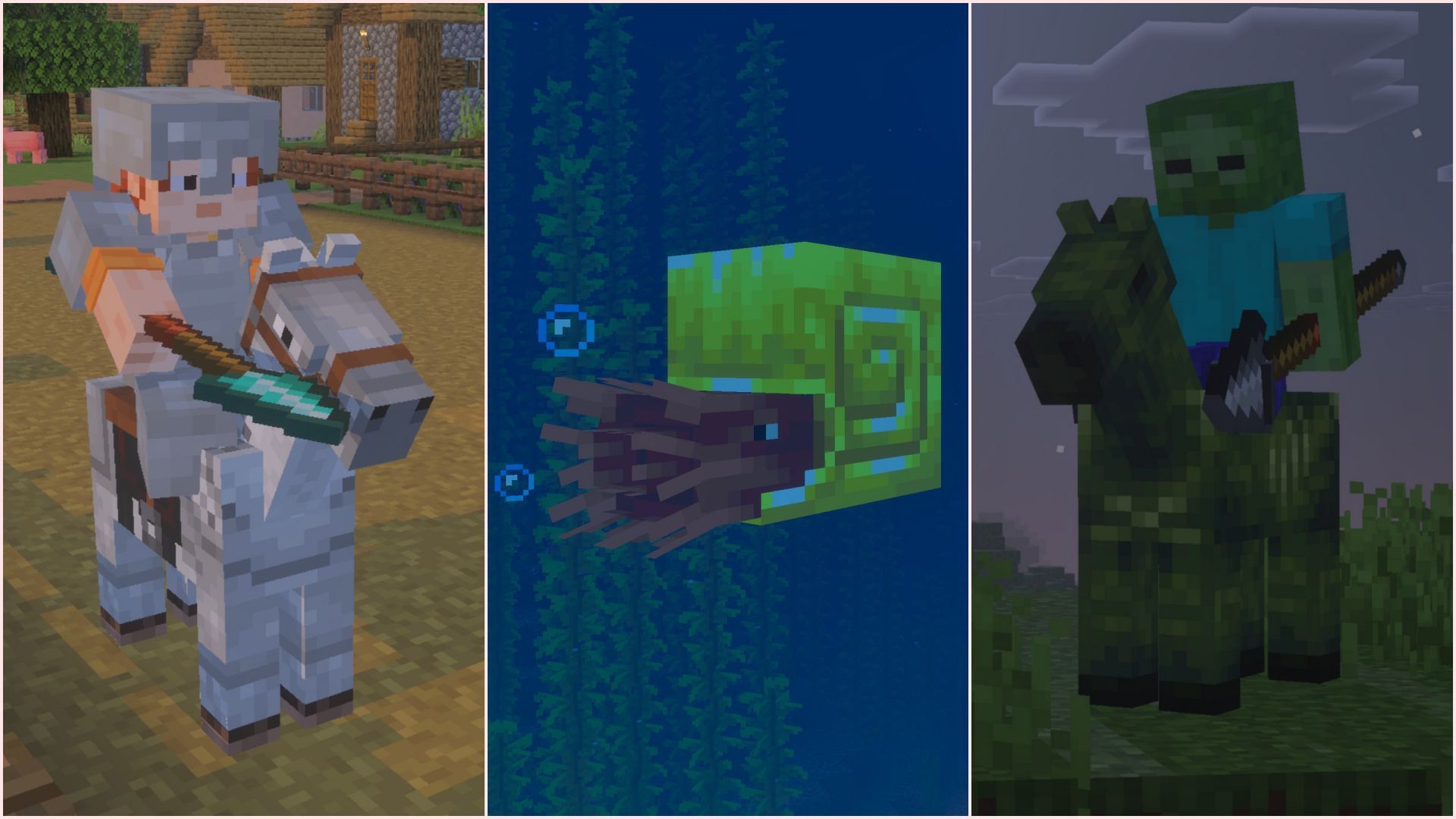 Mounts of Mayhem brings loads of new features regarding mounting on ridable mobs and fighting (Image via Mojang Studios)