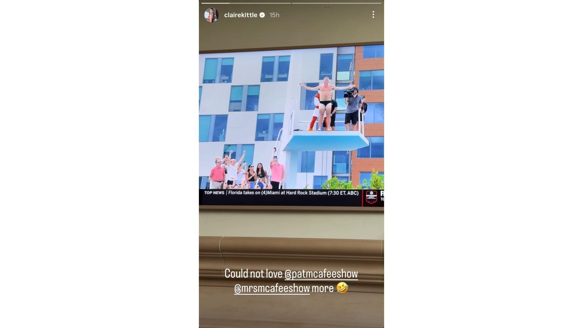 Claire Kittle thought Pat McAfee&#039;s College Gameday moment was hilarious. (Photo via Clarie Kittle&#039;s Instagram Story)