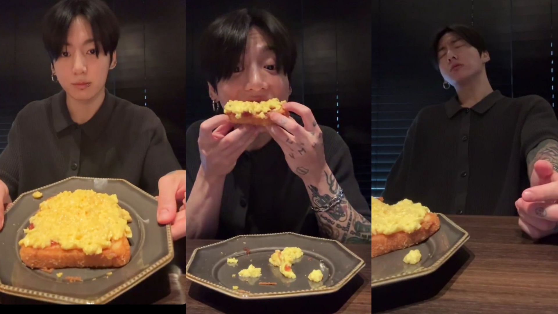 Jungkook enjoying his scrambled eggs &amp; jam toast (Images via Weverse)