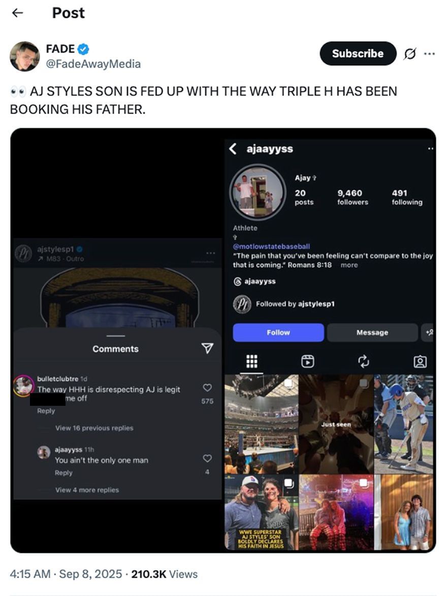 Screengrab of AJ Styles&#039; son&#039;s comment (source: X.com)