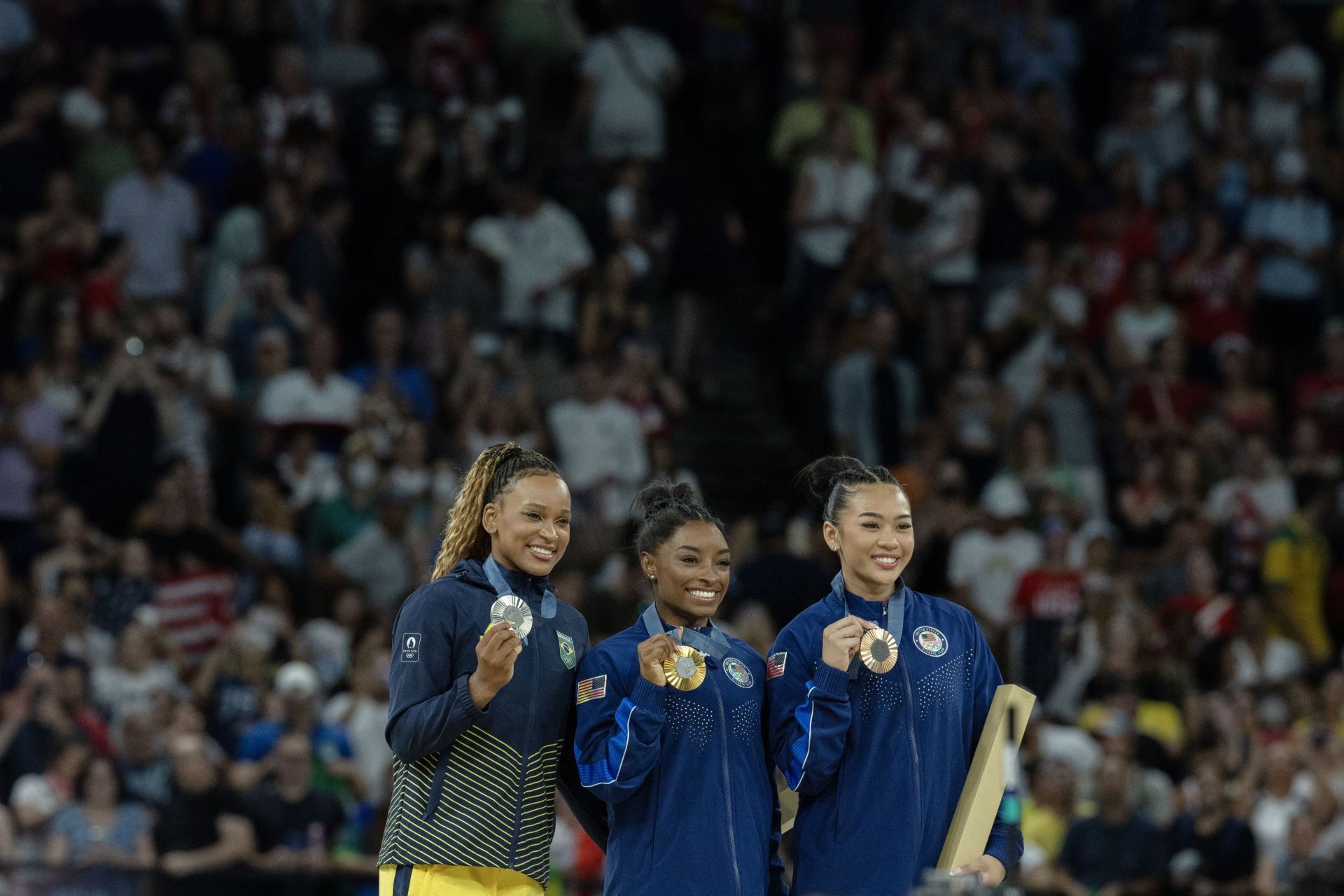 Simone Biles, Suni Lee and Rebeca Andrade with their respective medals after the medal ceremony for Women&#039;s Individual All-Around [Image Source : Getty]
