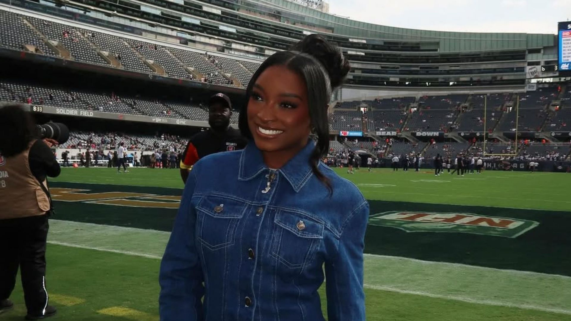Simone Biles impresses in a denim outfit and customized white boots [Image Source : Simone Biles