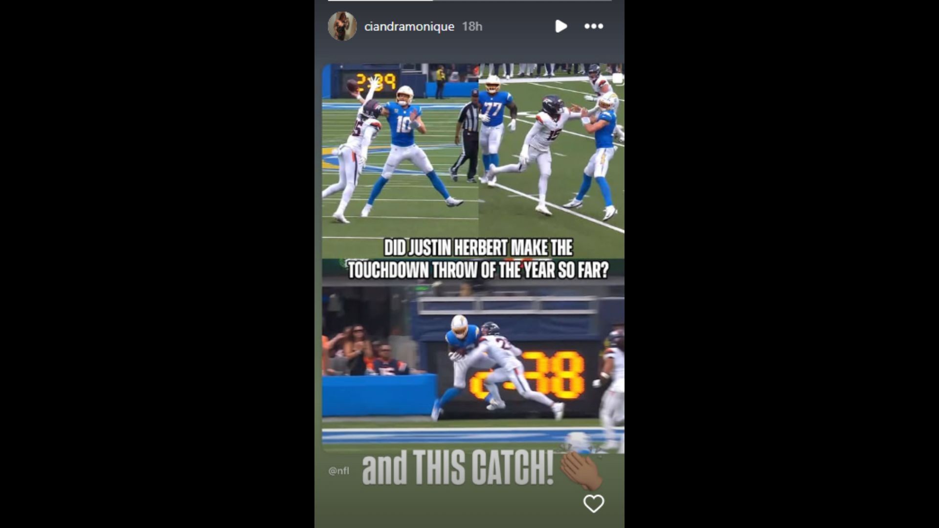  Allen&#039;s wife Ciandra shared her thoughts on a Chargers post. (Photo via Ciandra Allen&#039;s Instagram Story)