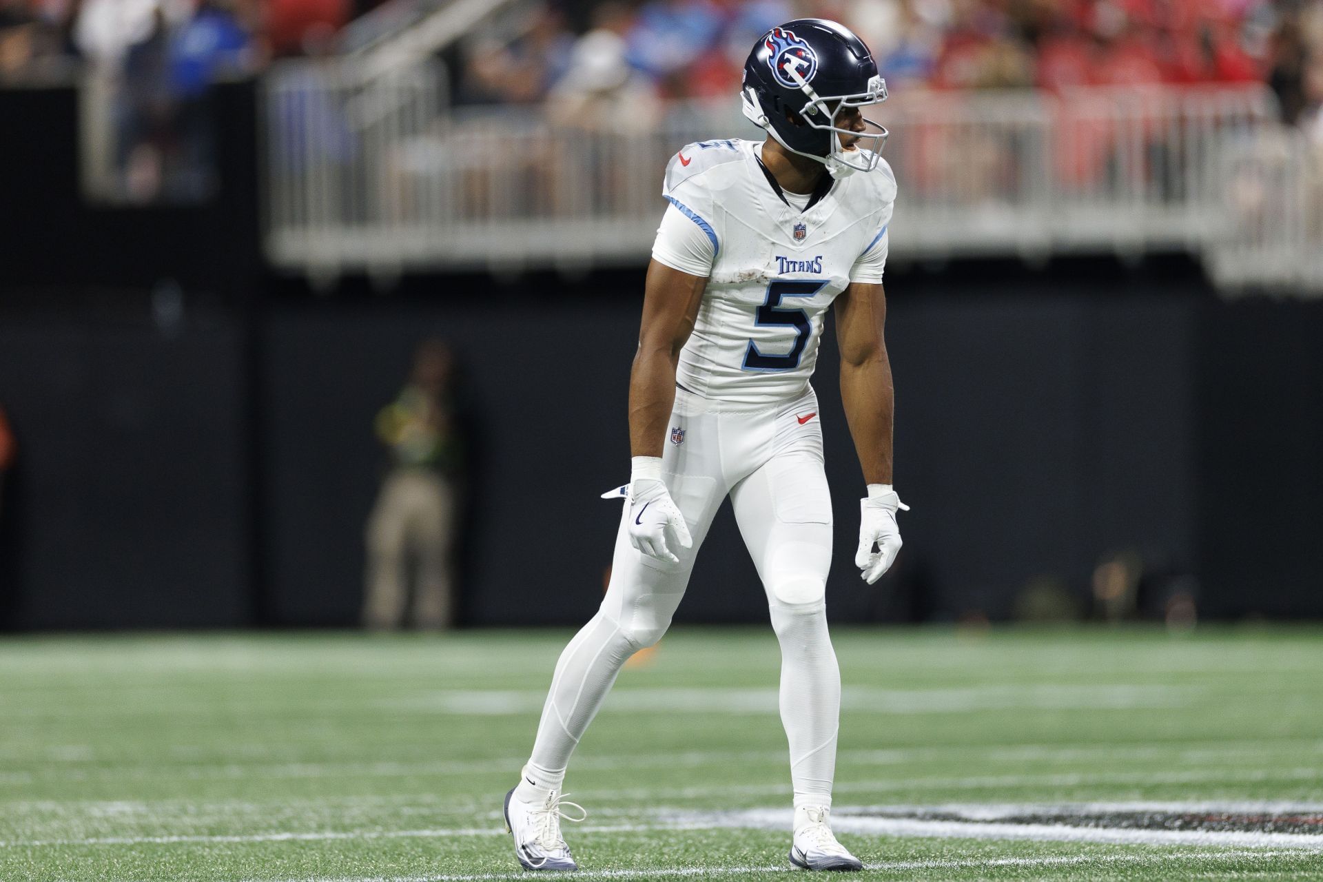 Elic Ayomanor at Tennessee Titans v Atlanta Falcons - NFL Preseason 2025 - Source: Getty