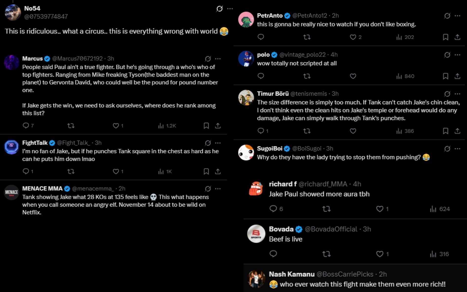 Fans react to Gervonta Davis and Jake Paul shoving each other. [Screenshots courtesy: @ChampRDS on X]