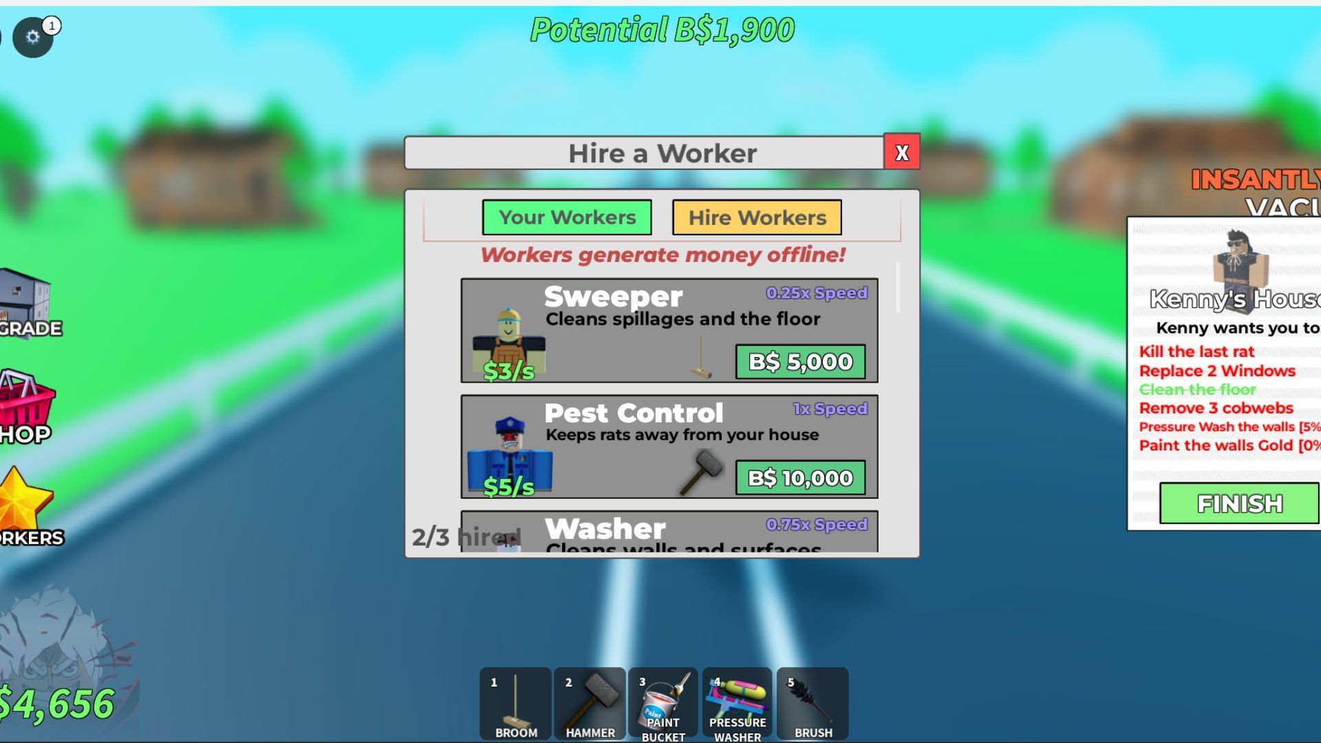 You can choose any three hired workers at once to earn money. (Image via Roblox)