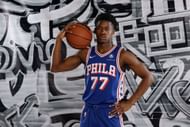 VJ Edgecombe #77 of the Philadelphia 76ers poses for a portrait during the 2025 NBA Rookie Photo Shoot - Source: Getty