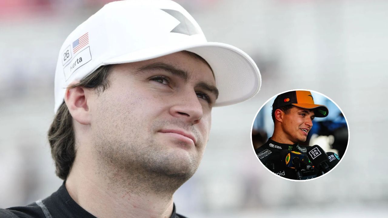 (Background) MADISON, IL - JUNE 14: Colton Herta (#26 Andretti Global Honda) looks on during qualifying for the NTT IndyCar Series Bommarito Automotive Group 500 on June 14, 2025, at World Wide Technology Raceway at Gateway in Madison, Illinois. (Photo by Michael Allio/Icon Sportswire via Getty Images) and (Inset) MONZA, ITALY - SEPTEMBER 7: A happy Lando Norris of Great Britain and McLaren speaks in the media pen during the F1 Grand Prix of Italy at Autodromo Nazionale Monza on September 7, 2025 in Monza, Italy. (Photo by Kym Illman/Getty Images)