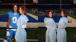 Jahmyr Gibbs' GF Nicole Anderson twins with Penei Sewell's wife Isabelle in sky blue tracksuit: [PIC]