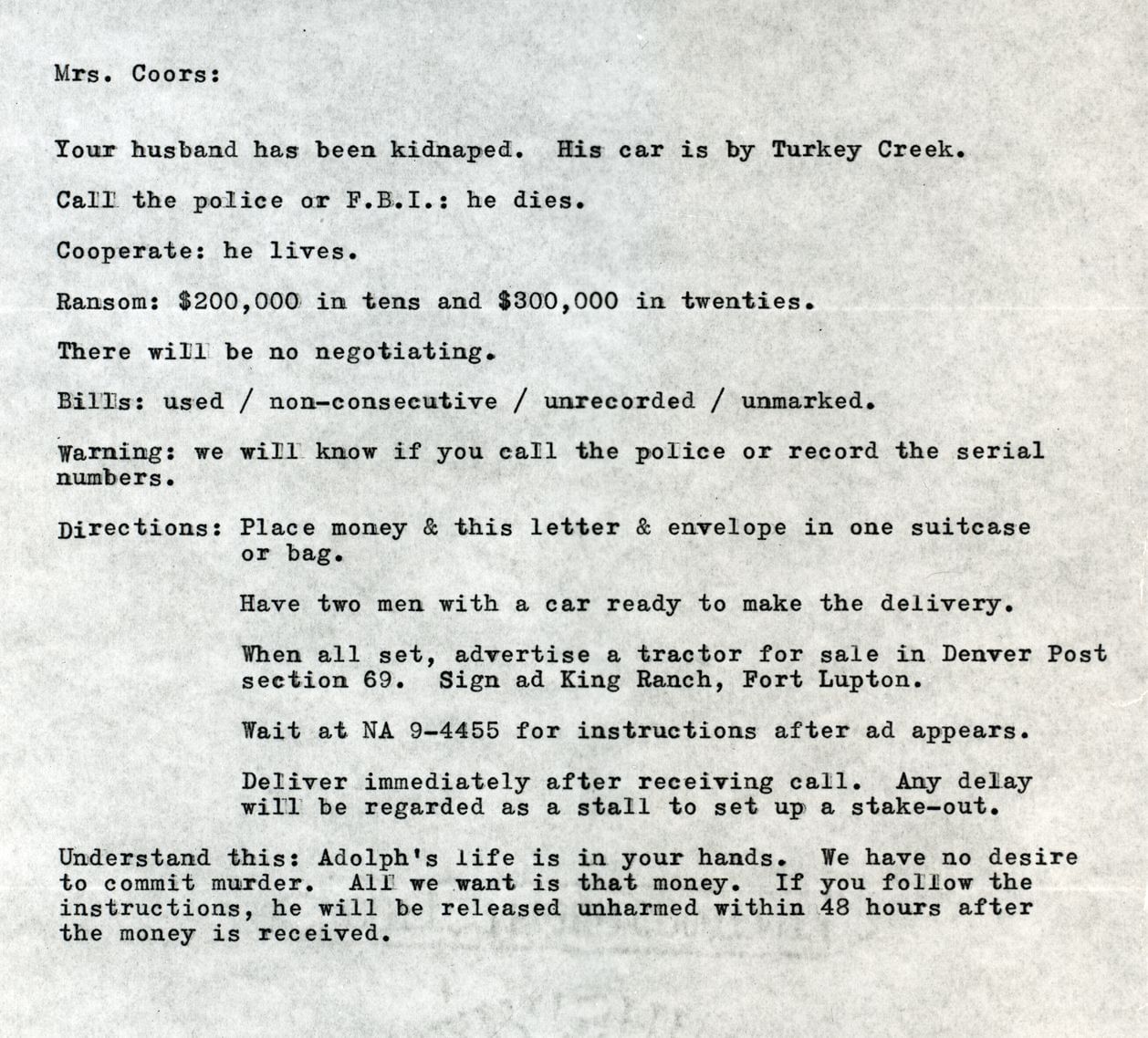Adolph Coors ransom note (Image via FBI)