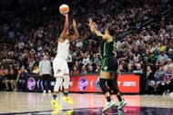 Alyssa Thomas #25 of the Phoenix Mercury shoots the ball against Napheesa Collier #24 of the Minnesota Lynx in overtime during Game Two of the WNBA Semifinals at Target Center - Source: Getty