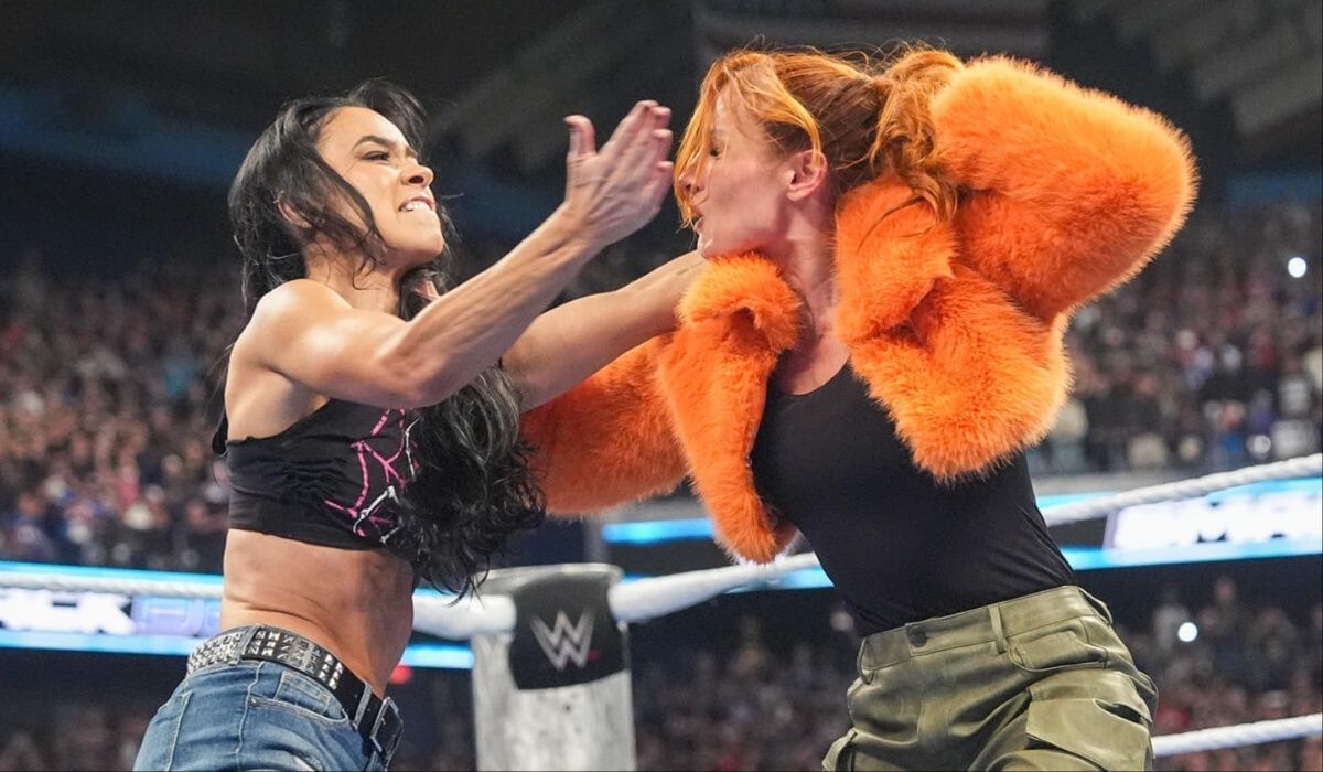 AJ Lee returned and took down Becky Lynch. (Image via WWE.com)