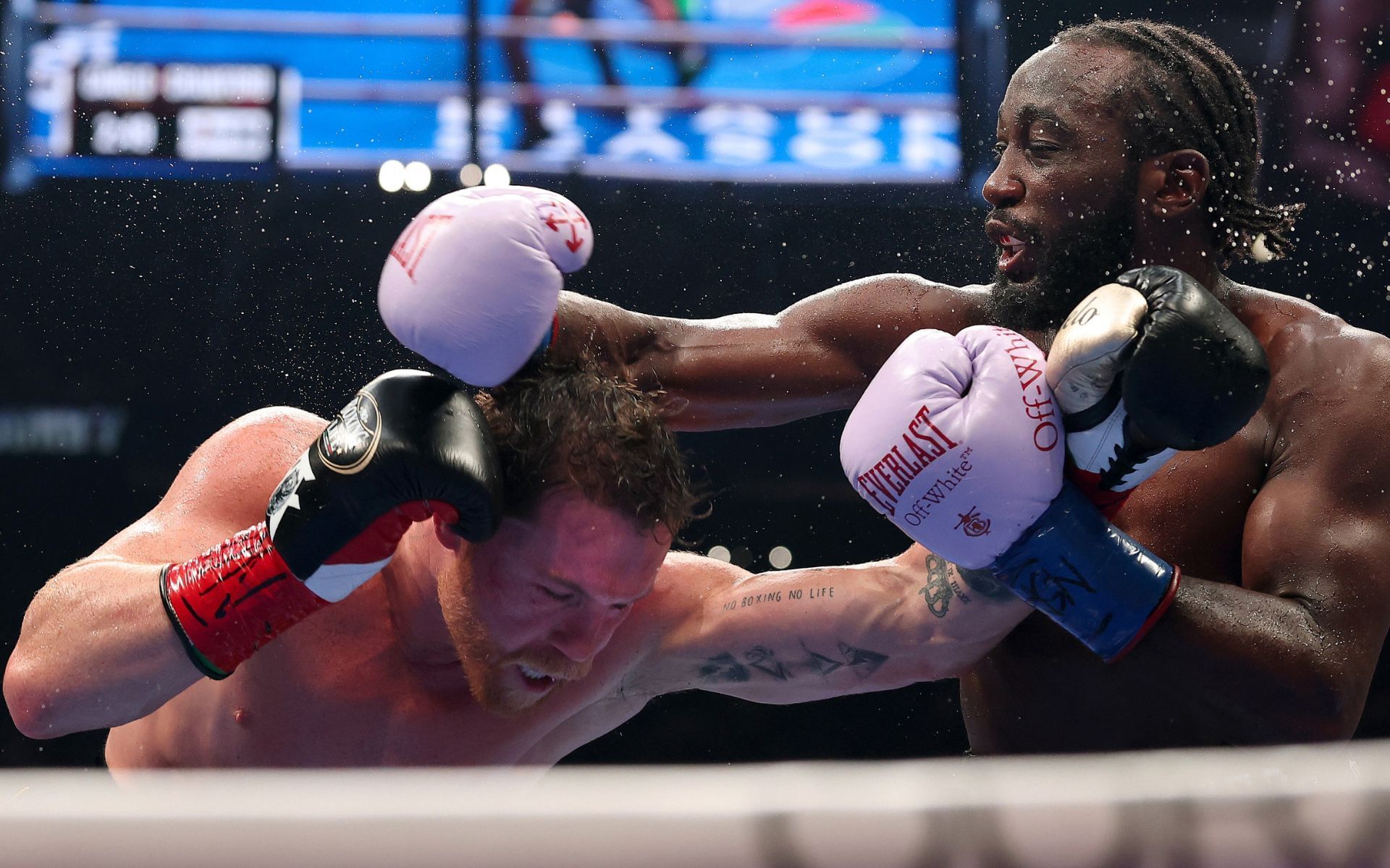 Canelo Alvarez (left) and Terence Crawford (right) exchanging punches during their super-middleweight title fight. [Image courtesy: Getty Images]