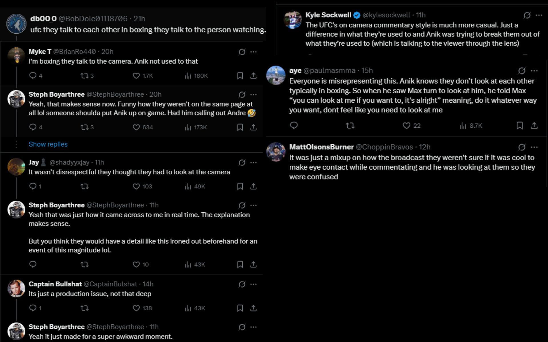 Fans react to a broadcast moment involving Jon Anik. [Screenshots courtesy: @StephBoyarthree on X]