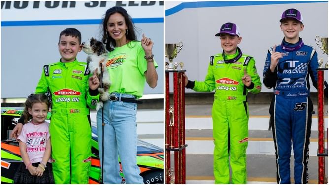 Brexton Busch surrounded by mom Samantha and sister Lennix after he wins the Bando Nats & INEX Bandolero Championship