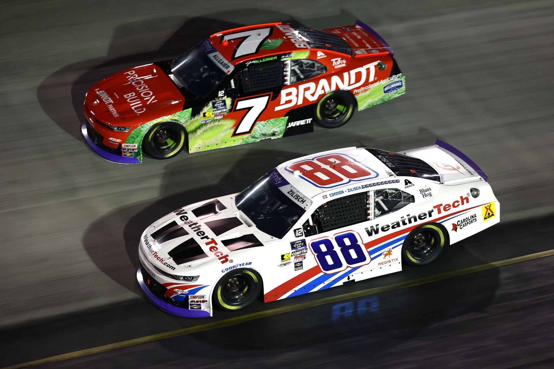 JR Motorsports&#039; Connor Zilisch (88) and Justin Allgaier (7) in the NASCAR Xfinity Series race at Bristol. Source: Getty
