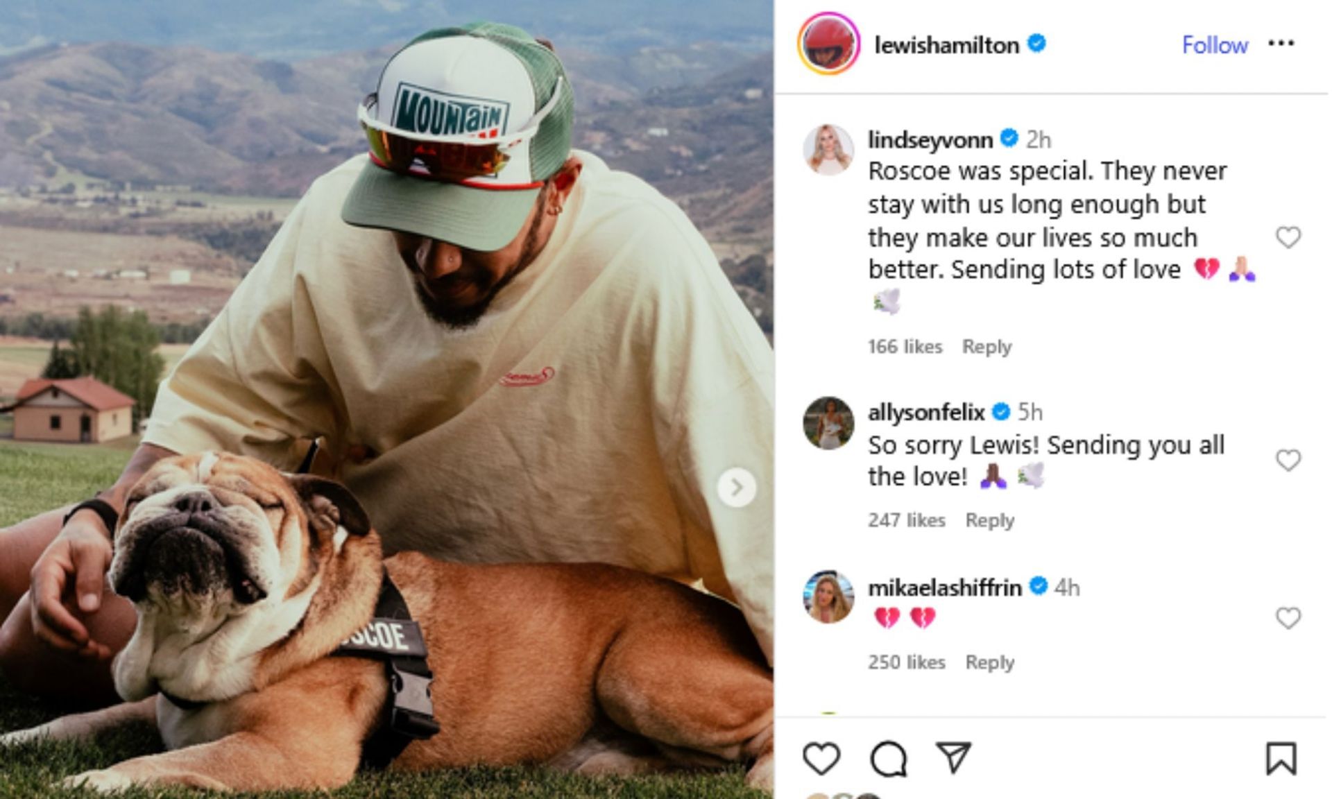 Screenshot of Lindsey Vonn and other athletes&#039; comments. Credits - IG/ lewishamilton
