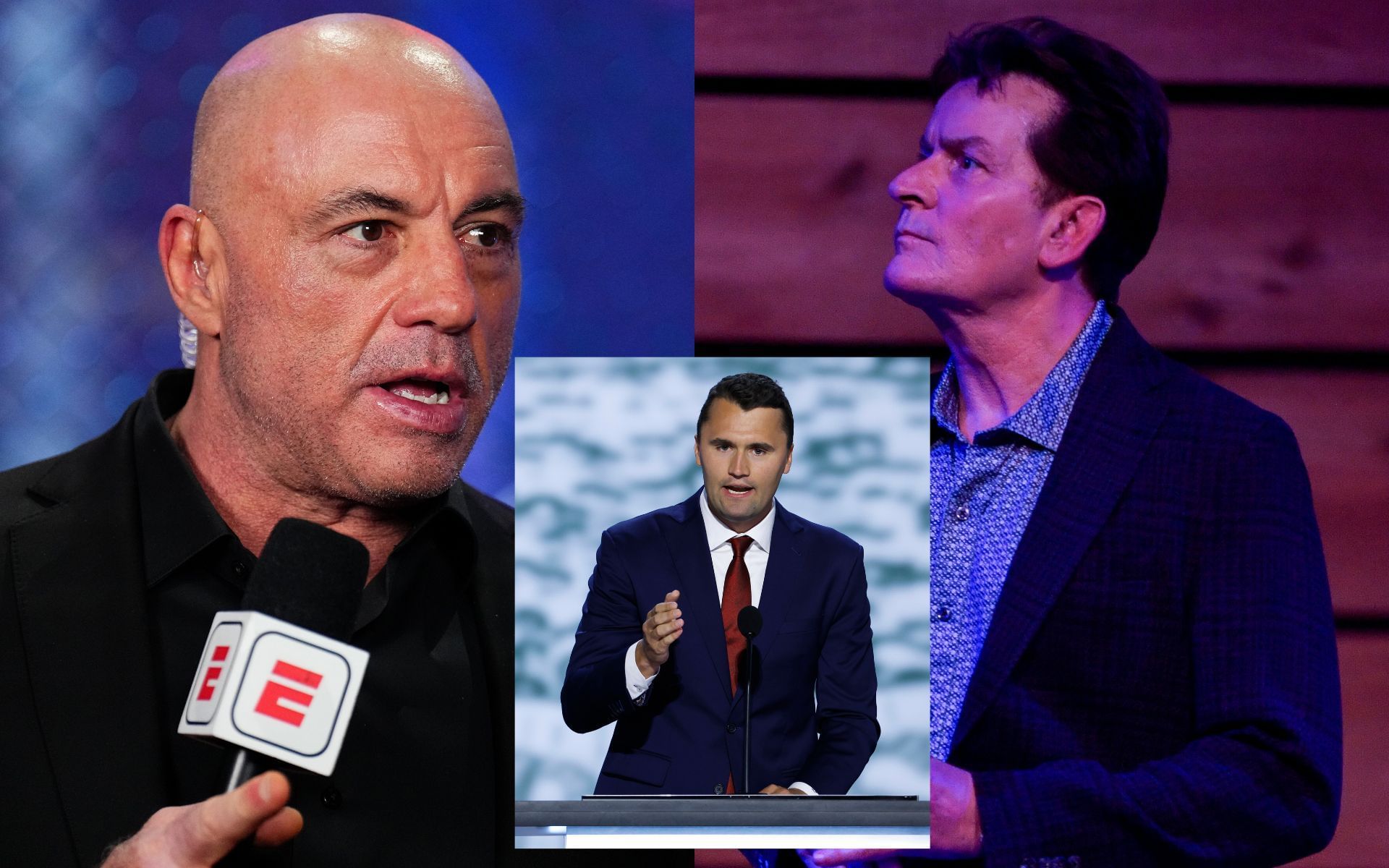 Joe Rogan (left) and Charlie Sheen (right) discuss the killing of Charlies Kirk (inset). [Images courtesy: Getty]