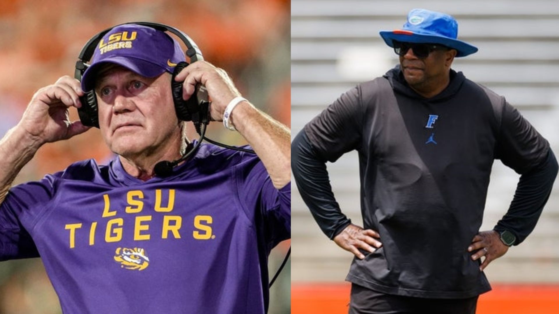 LSU coach Brian Kelly (left) and Florida running backs coach Jabbar Juluke (right) (Image Source: IMAGN)