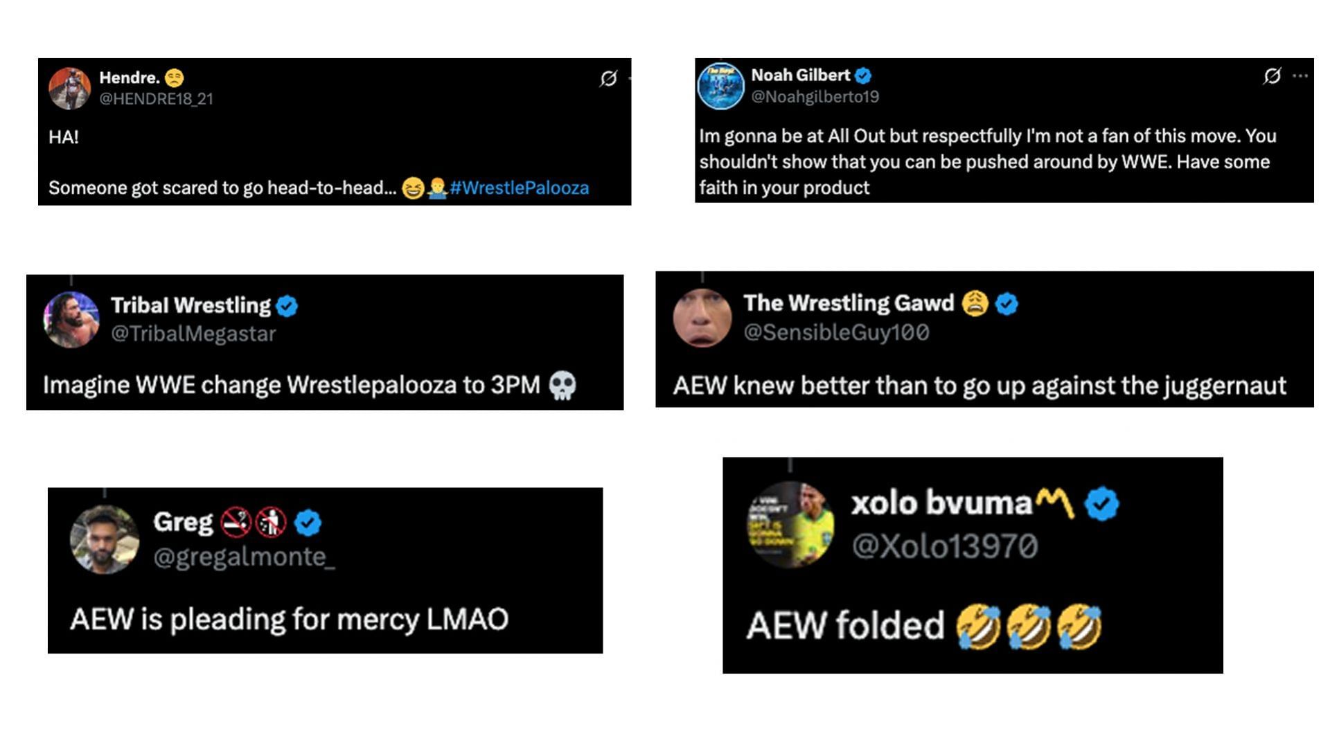 Screengrab of fans&#039; reactions (source: Wrestle Ops and Tony Khan&#039;s X accounts)