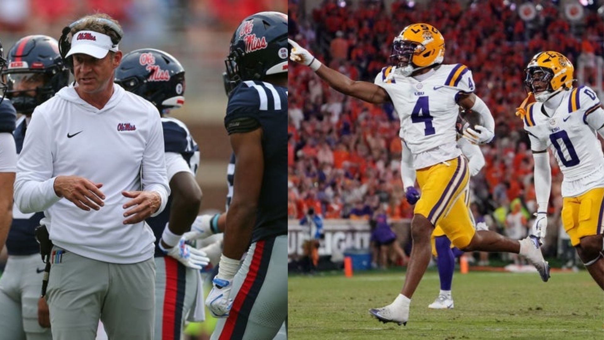 Ole Miss coach Lane Kiffin (left) talks about LSU