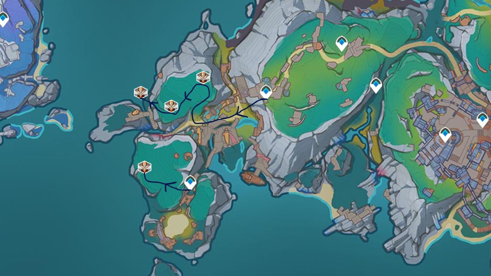 Locations of all Frostnight Scion enemies near the Clink-Clank Krumkake Craftshop area in Lempo Isle (Image via Sportskeeda Gaming || HoYoverse)