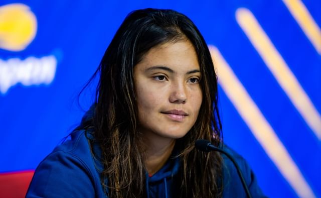 Emma Raducanu during a press conference at the 2025 US Open (Source: Getty)