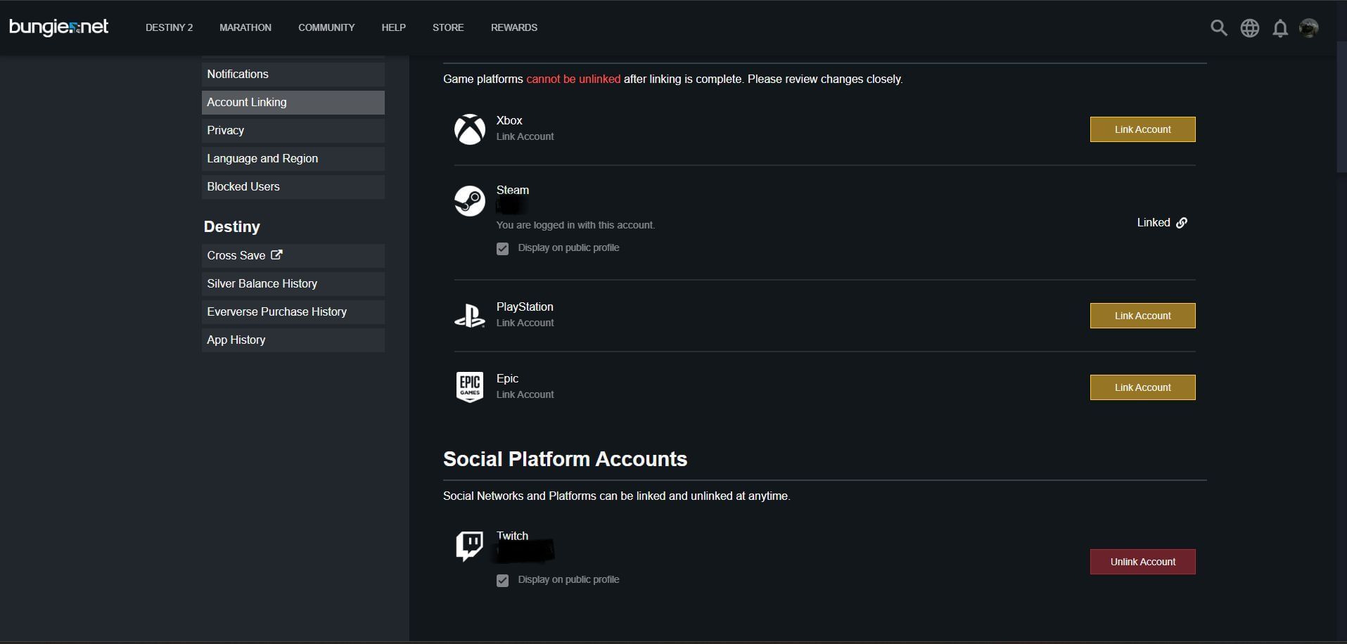 Account Linking page on Bungie&#039;s website (Image via Bungie)