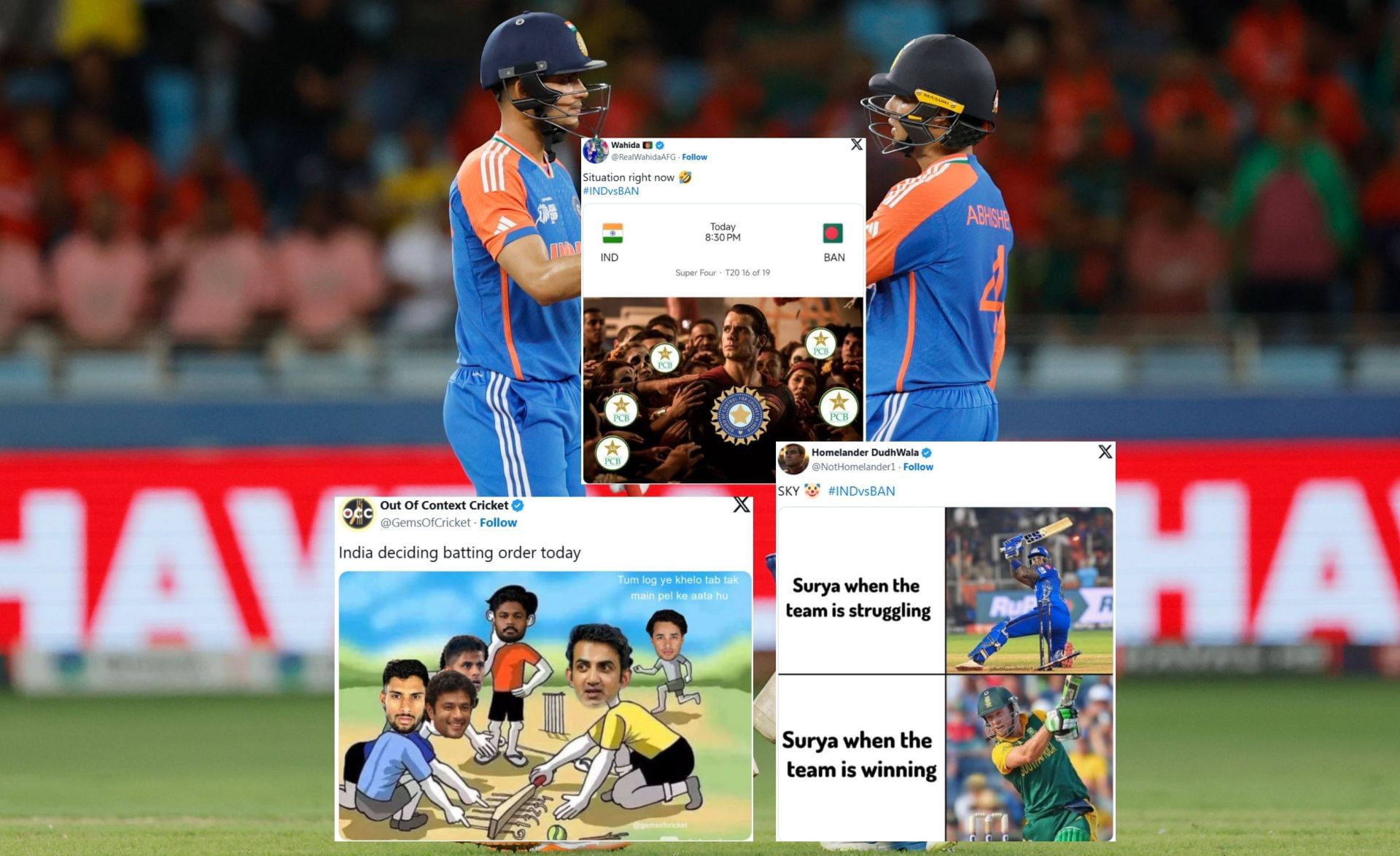 Fans react after first innings IND vs BAN Asia Cup 2025 match. (Images: X - @BCCI, @NotHomelander1, @GemsOfCricket, @RealWahidaAFG)