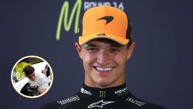 Watch: Lando Norris tries out his Idol Valentino Rossi's team VR46's Ducati GP25 on his visit to the San Marino GP paddock