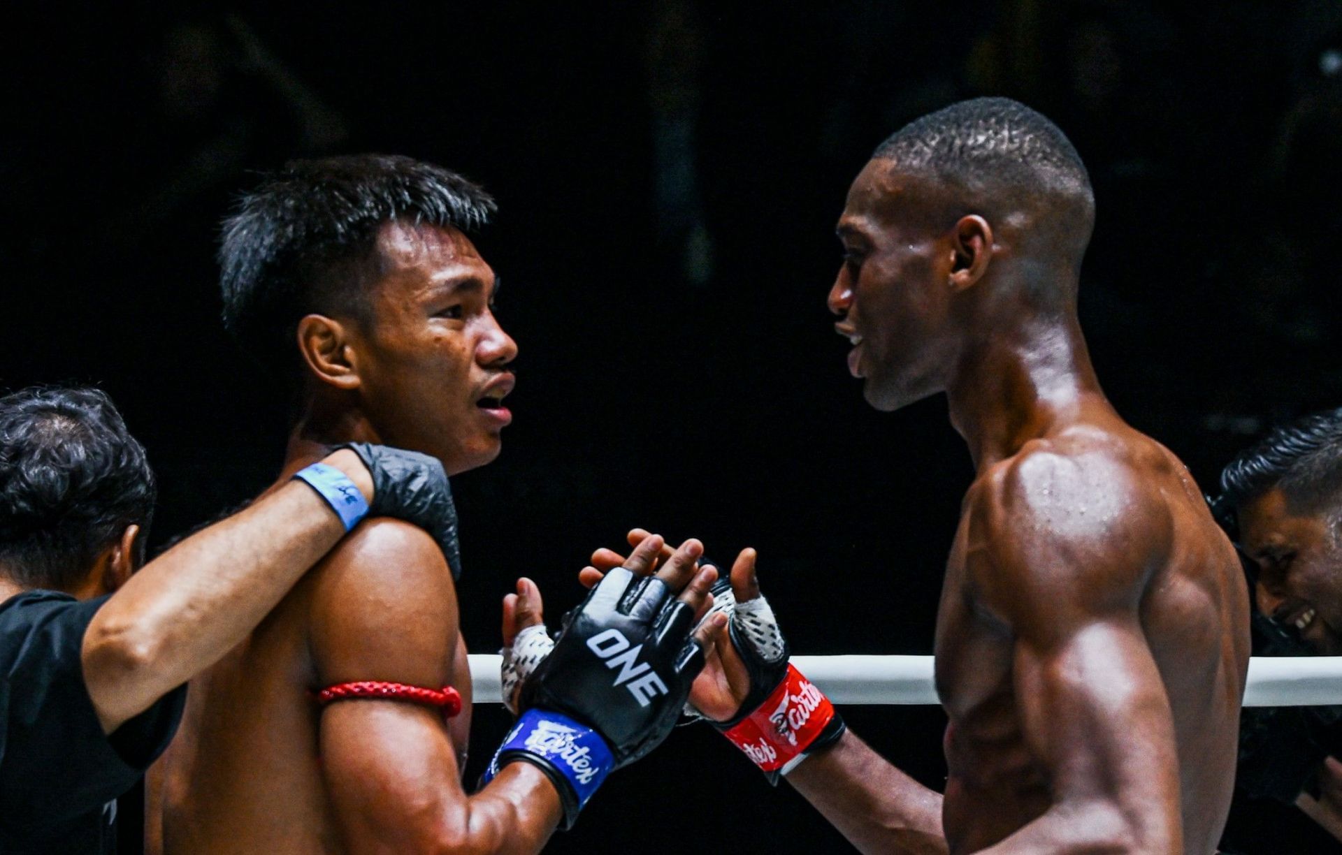 Shadow gives props to fallen opponent Bampara Kouyate. -- Photo by ONE Championship